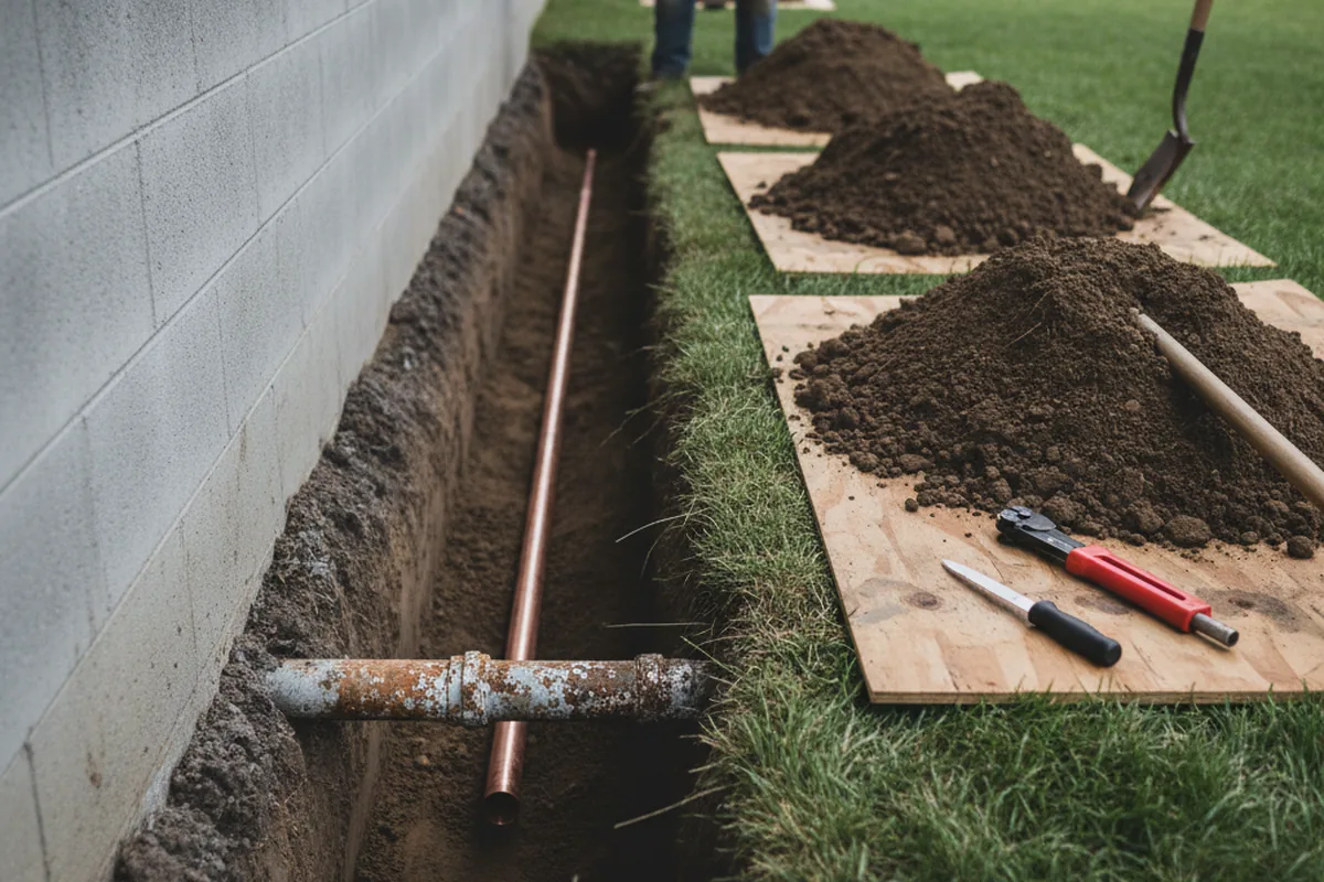 Excavated water line trench during Sewer Line Repair in Hazel Green